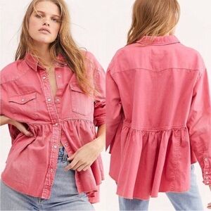 Free People DYLAN Babydoll PINK LOVE Snap button Top Oversized Sz S